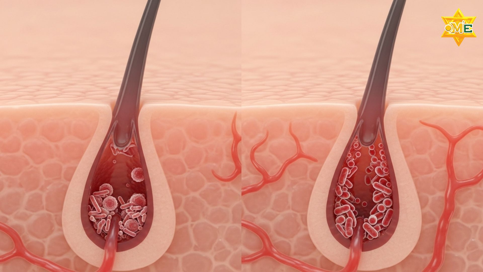 Biểu đồ minh họa quá trình hình thành mụn trứng cá, chỉ rõ sự tắc nghẽn của nang lông bởi bã nhờn, tế bào chết và vi khuẩn P. acnes.