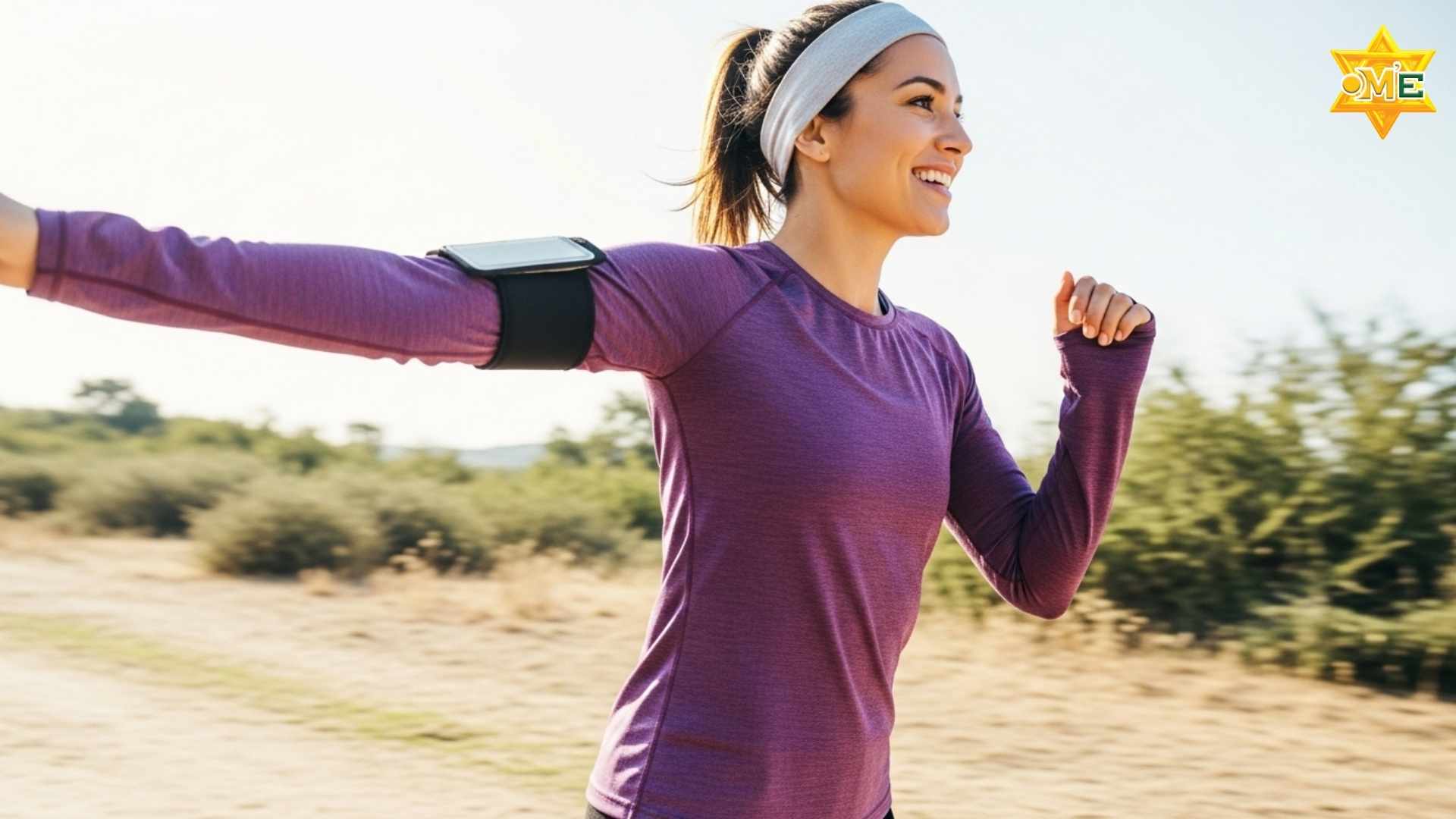 Một người phụ nữ trẻ đang chạy bộ vui vẻ dưới ánh nắng trong công viên, khuôn mặt rạng rỡ và tràn đầy năng lượng, tượng trưng cho việc vận động thể chất giúp giải phóng endorphin và cải thiện sức khỏe tinh thần.